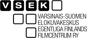 Musta Varsinais-Suomen elokuvakeskuksen logo, lyhenne VSEK sekä mustia neliöitä ja teksti kaksikielisenä.