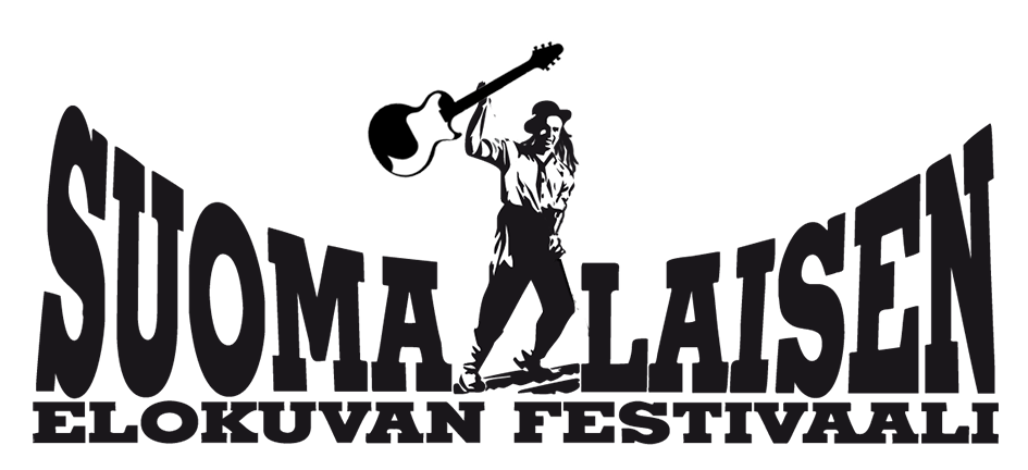 Suomalaisen elokuvan festivaalin logo, musta teksti, jonka keskellä seisoo tukkijätkä.