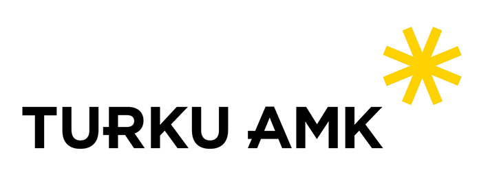 Turun ammattikorkeakoulun logo, jossa mustalla tekstillä lukee Turku AMK, ja oikeassa yläkulmassa on keltainen aurinko.